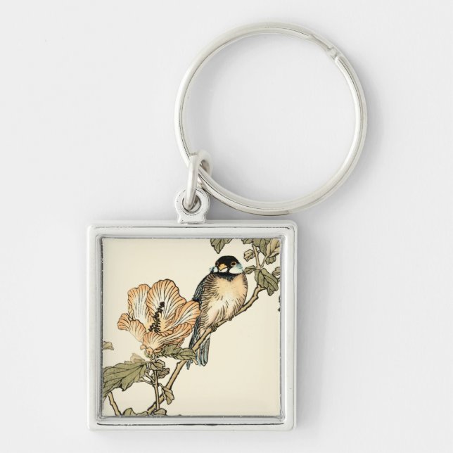 Oriental Bird Perched on Branch Key Ring (Front)