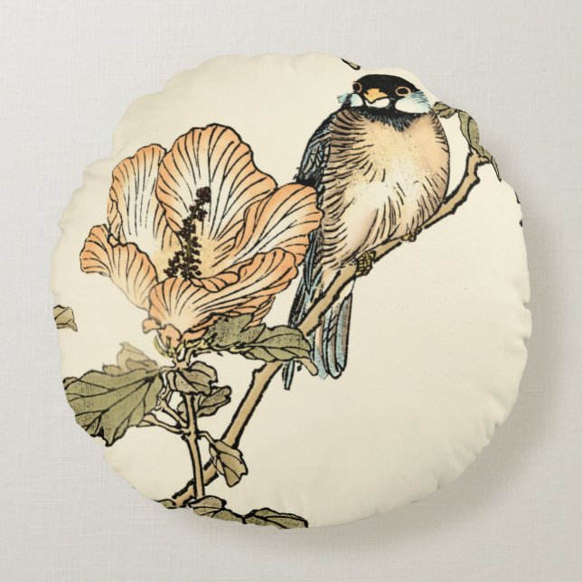 Oriental Bird Perched on Branch Round Cushion (Front)