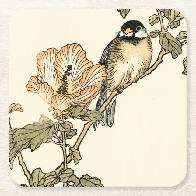 Oriental Bird Perched on Branch Square Paper Coaster (Front)