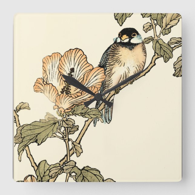 Oriental Bird Perched on Branch Square Wall Clock (Front)