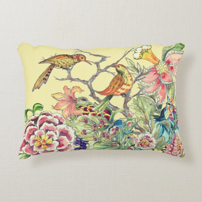 Oriental Birds in Flower Garden Chinoiserie Yellow Decorative Cushion (Front)
