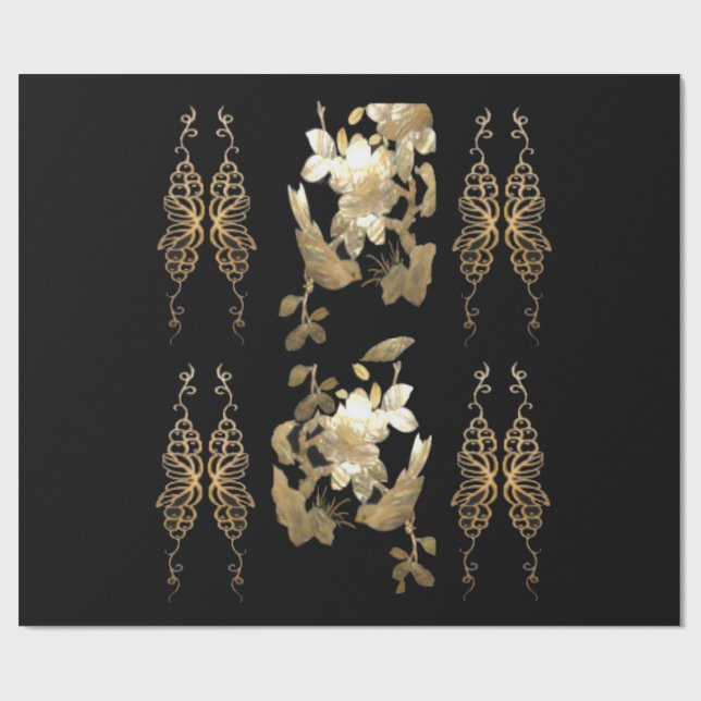 Oriental Birds on Gold Leaf Wrapping Paper (Flat)