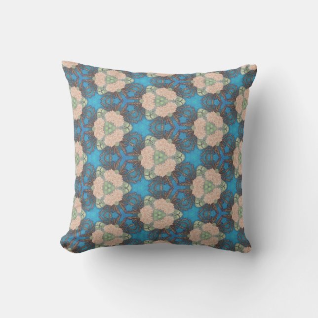 Oriental bloom pattern with ocean blue background cushion (Front)