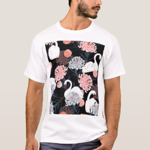 Oriental Blooming Flowers Swan Pattern T-Shirt