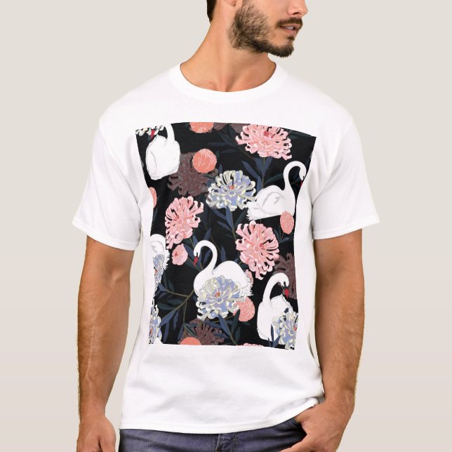 Oriental Blooming Flowers Swan Pattern T-Shirt (Front)