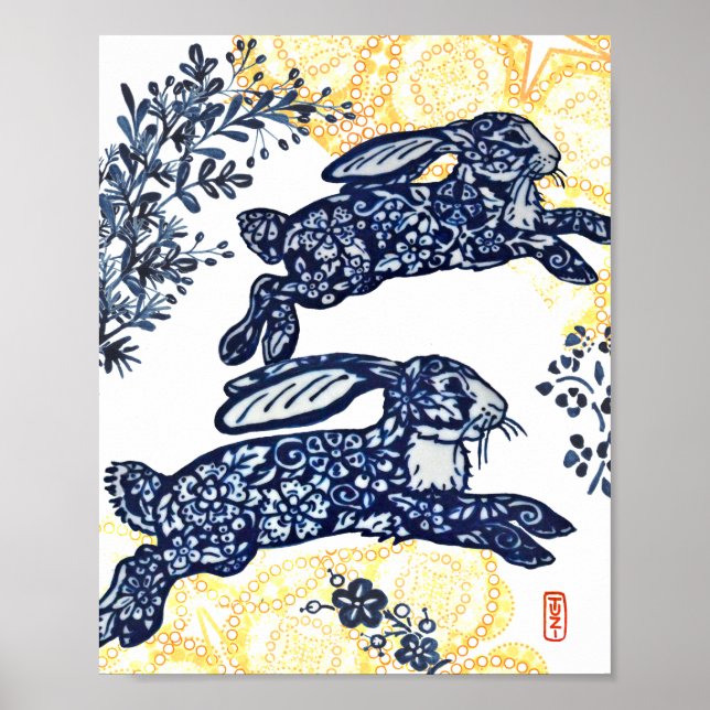 Oriental Blue and White Chinoiserie Bunny Rabbit Poster (Front)