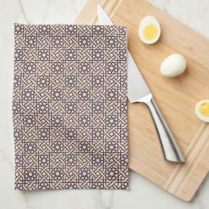 Oriental Blue Beige Moroccan Geometric Pattern Tea Towel