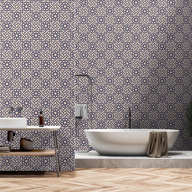 Oriental Blue Beige Moroccan Geometric Pattern Wallpaper (Bathroom)