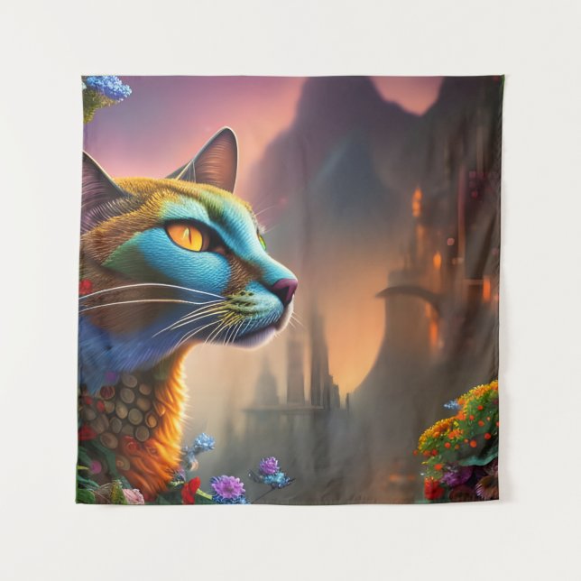 Oriental blue calico wild cat, Fantasy Tapestry (Front)