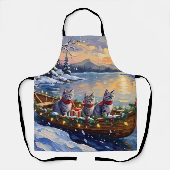 Oriental Blue Cat Christmas Boat Holiday Apron (Front)