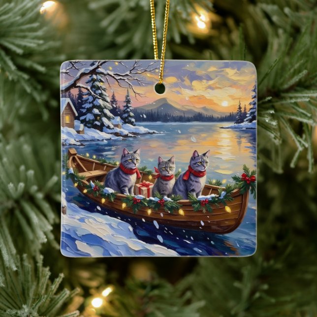 Oriental Blue Cat Christmas Boat Holiday Ceramic Ornament (Tree)