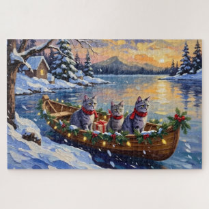 Oriental Blue Cat Christmas Boat Holiday Jigsaw Puzzle