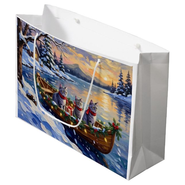 Oriental Blue Cat Christmas Boat Holiday Large Gift Bag (Front Angled)