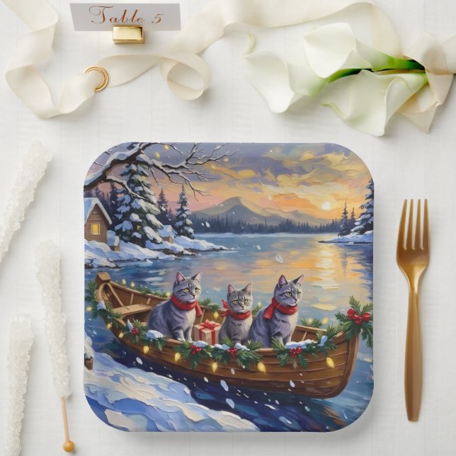 Oriental Blue Cat Christmas Boat Holiday Paper Plate (Wedding)