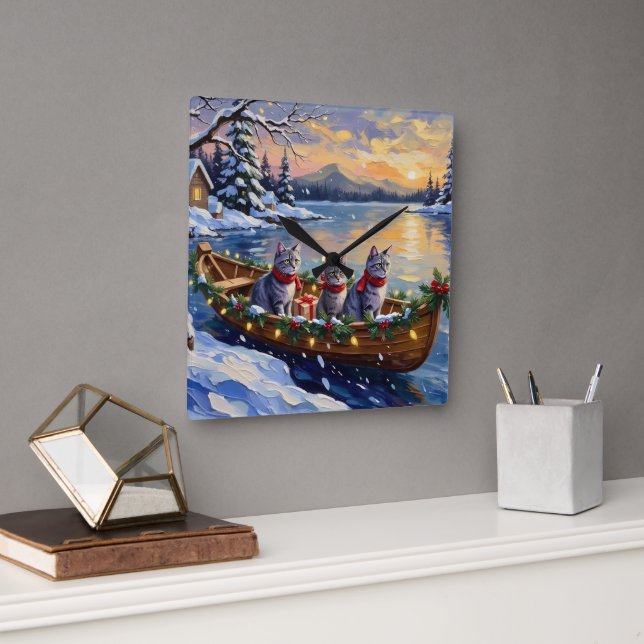 Oriental Blue Cat Christmas Boat Holiday Square Wall Clock (Office)