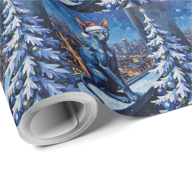 Oriental Blue Cat Christmas High-Rise City Lights Wrapping Paper (Roll Corner)
