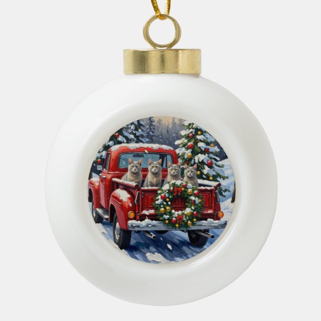 Oriental Blue Cat Christmas Red Truck Holiday Ceramic Ball Christmas Ornament (Front)
