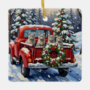 Oriental Blue Cat Christmas Red Truck Holiday Ceramic Ornament