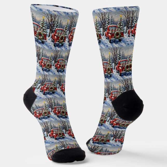 Oriental Blue Cat Christmas Red Truck Holiday Socks (Angled)