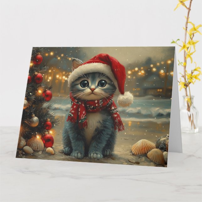 Oriental Blue Cat Christmas Vintage Beach Card (Yellow Flower)