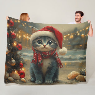 Oriental Blue Cat Christmas Vintage Beach Fleece Blanket
