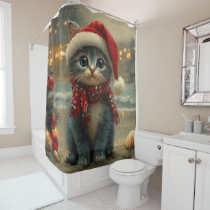 Oriental Blue Cat Christmas Vintage Beach Shower Curtain