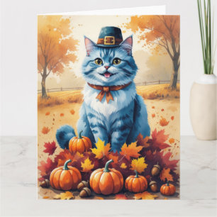 Oriental Blue Cat In Autumn Leaves Thanksgiving  Card