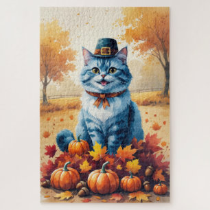 Oriental Blue Cat In Autumn Leaves Thanksgiving Jigsaw Puzzle