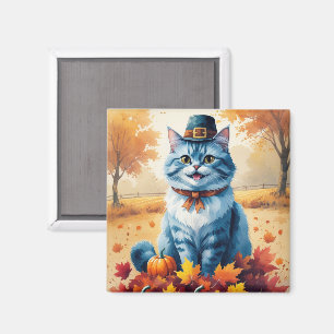 Oriental Blue Cat In Autumn Leaves Thanksgiving  Magnet