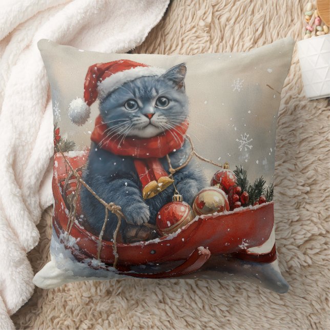 Oriental Blue Cat in Sledge Let it Snow Christmas  Cushion (Blanket)