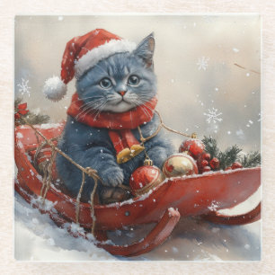 Oriental Blue Cat in Sledge Let it Snow Christmas Glass Coaster