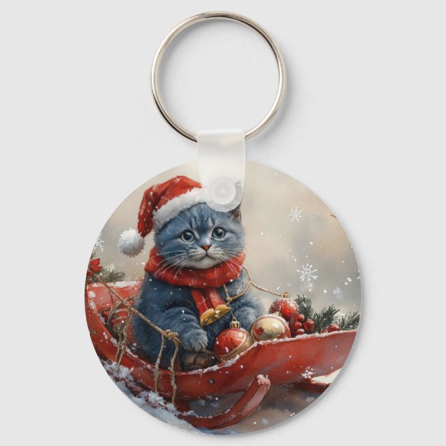 Oriental Blue Cat in Sledge Let it Snow Christmas  Key Ring (Front)