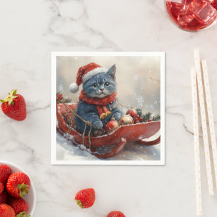 Oriental Blue Cat in Sledge Let it Snow Christmas  Napkin