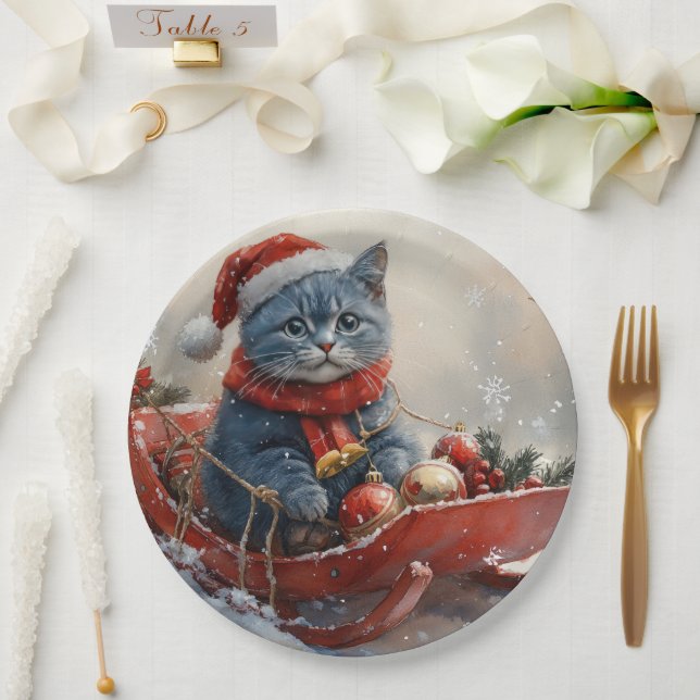 Oriental Blue Cat in Sledge Let it Snow Christmas  Paper Plate (Wedding)