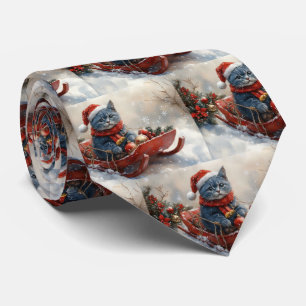 Oriental Blue Cat in Sledge Let it Snow Christmas Tie