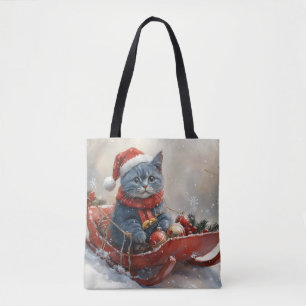 Oriental Blue Cat in Sledge Let it Snow Christmas Tote Bag