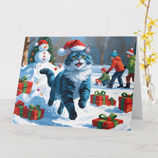 Oriental Blue Cat Sitting in Snow Christmas Hat Card (Yellow Flower)