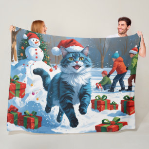 Oriental Blue Cat Sitting in Snow Christmas Hat Fleece Blanket