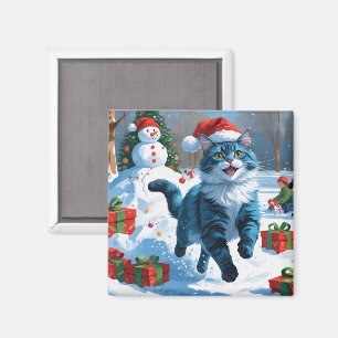 Oriental Blue Cat Sitting in Snow Christmas Hat Magnet