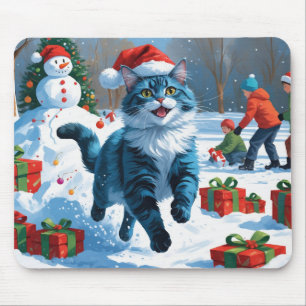 Oriental Blue Cat Sitting in Snow Christmas Hat Mouse Pad