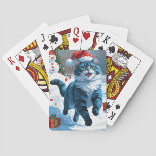 Oriental Blue Cat Sitting in Snow Christmas Hat Playing Cards