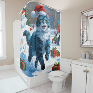 Oriental Blue Cat Sitting in Snow Christmas Hat Shower Curtain