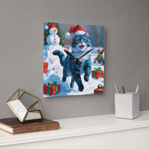 Oriental Blue Cat Sitting in Snow Christmas Hat Square Wall Clock