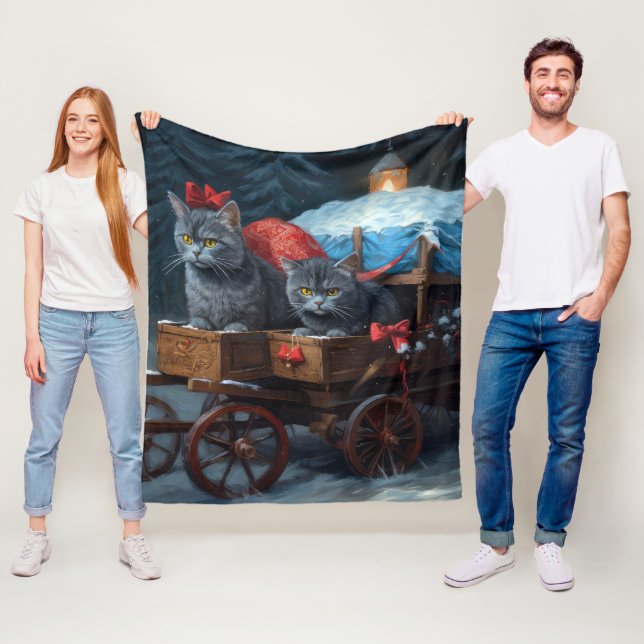 Oriental Blue Cat Snowy Sleigh Christmas Decor Fleece Blanket (In Situ)