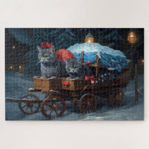 Oriental Blue Cat Snowy Sleigh Christmas Decor Jigsaw Puzzle