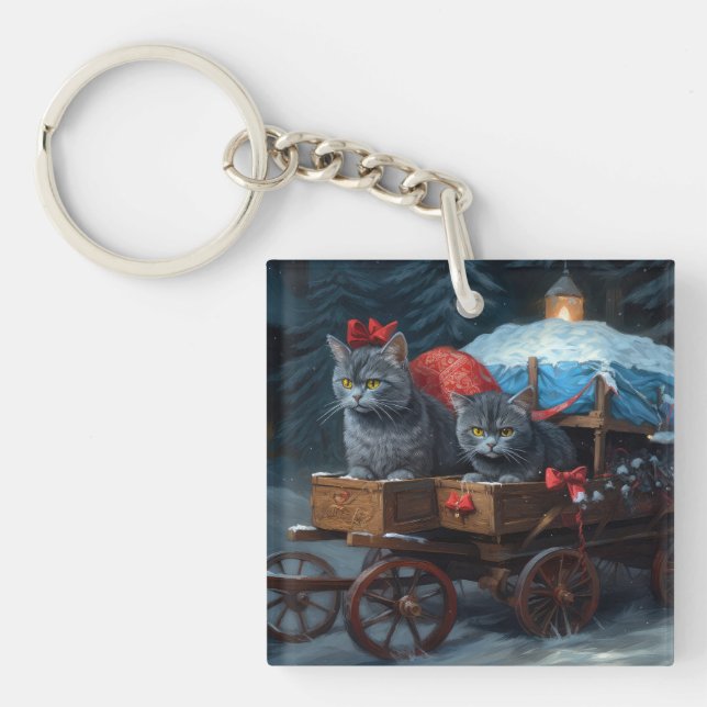 Oriental Blue Cat Snowy Sleigh Christmas Decor Key Ring (Front)