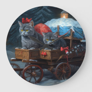 Oriental Blue Cat Snowy Sleigh Christmas Decor Large Clock