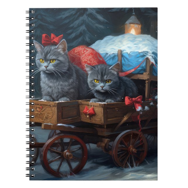 Oriental Blue Cat Snowy Sleigh Christmas Decor Notebook (Front)