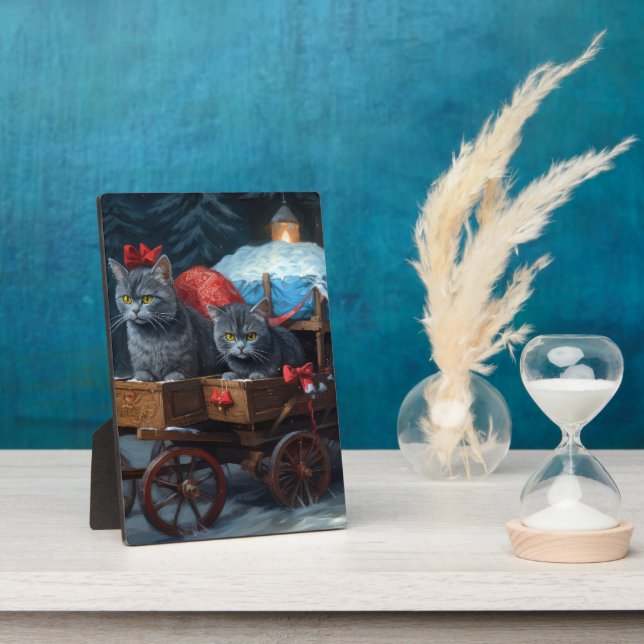 Oriental Blue Cat Snowy Sleigh Christmas Decor Plaque (Side)