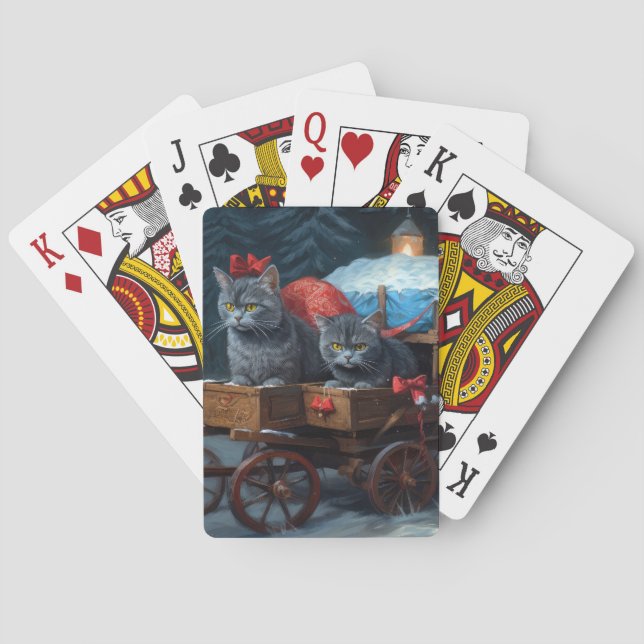 Oriental Blue Cat Snowy Sleigh Christmas Decor Playing Cards (Back)